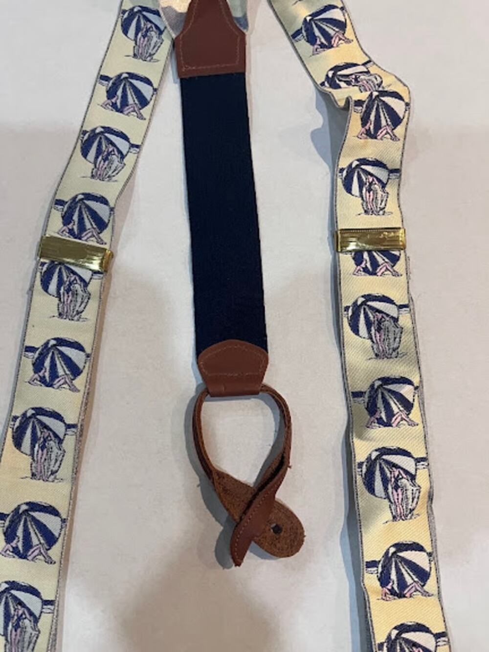 Trafalgar Suspenders Braces Silk Beach Beauty Umbrella Brown Leather VTG